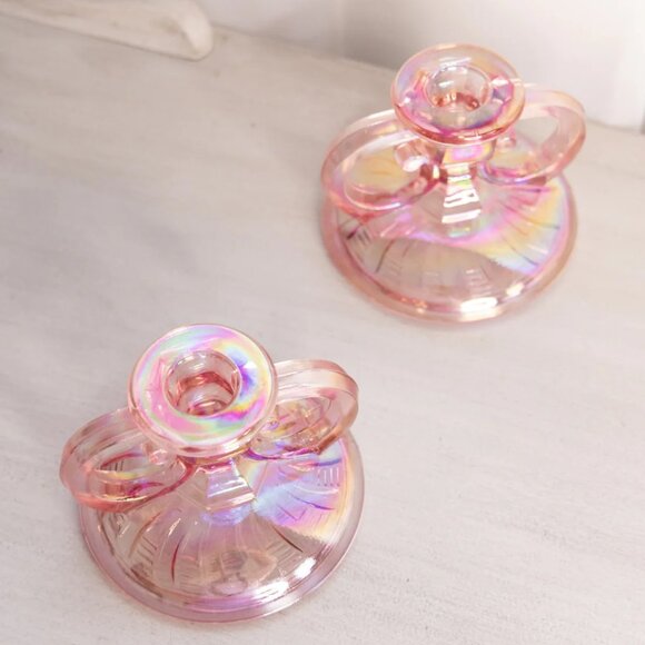 Vintage Pink Iridescent Handled Short Candlesticks (Set of 2) - Picture 5 of 5